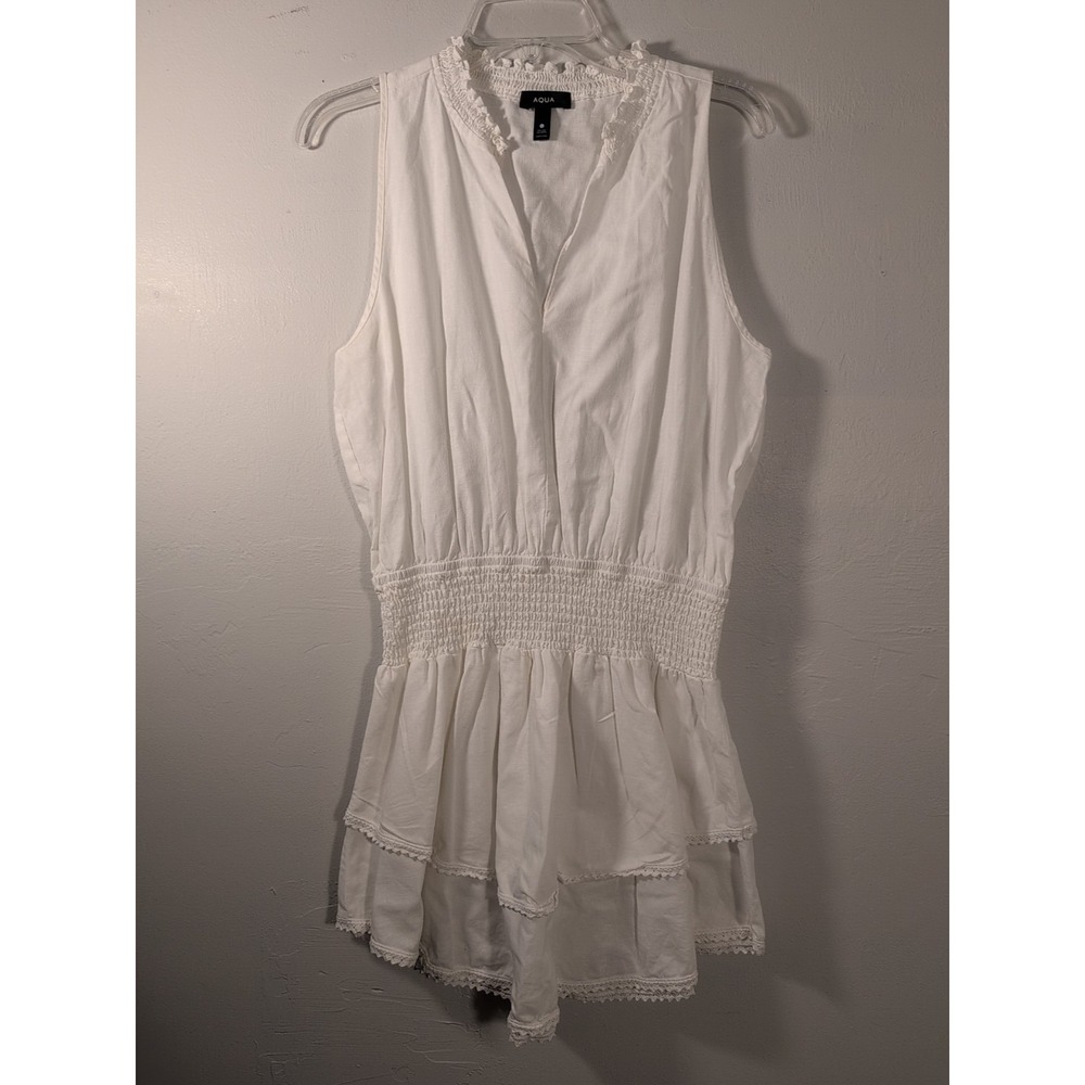 Aqua Solid Linen Smocked Mini Dress Women's M White Pullover Style‎ Sleeveless